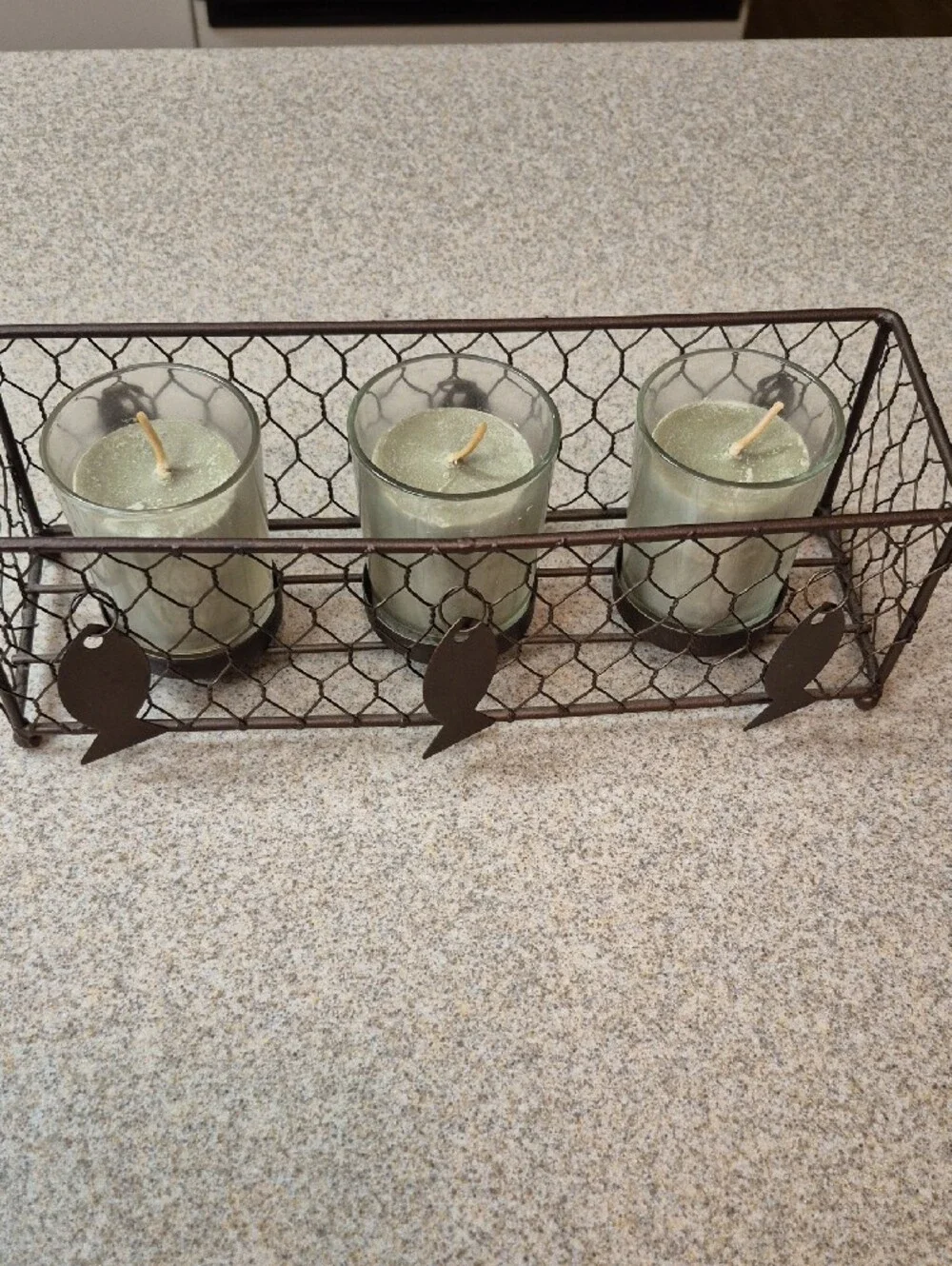 Rustic Metal Wire Votive Light Holder with Green Candles And Fish Charms